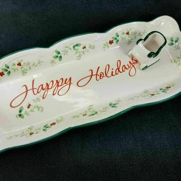 Pfaltzgraff Christmas Winterberry Appetizer Tray With Sleigh Toothpick Holder - Picture 2 of 6
